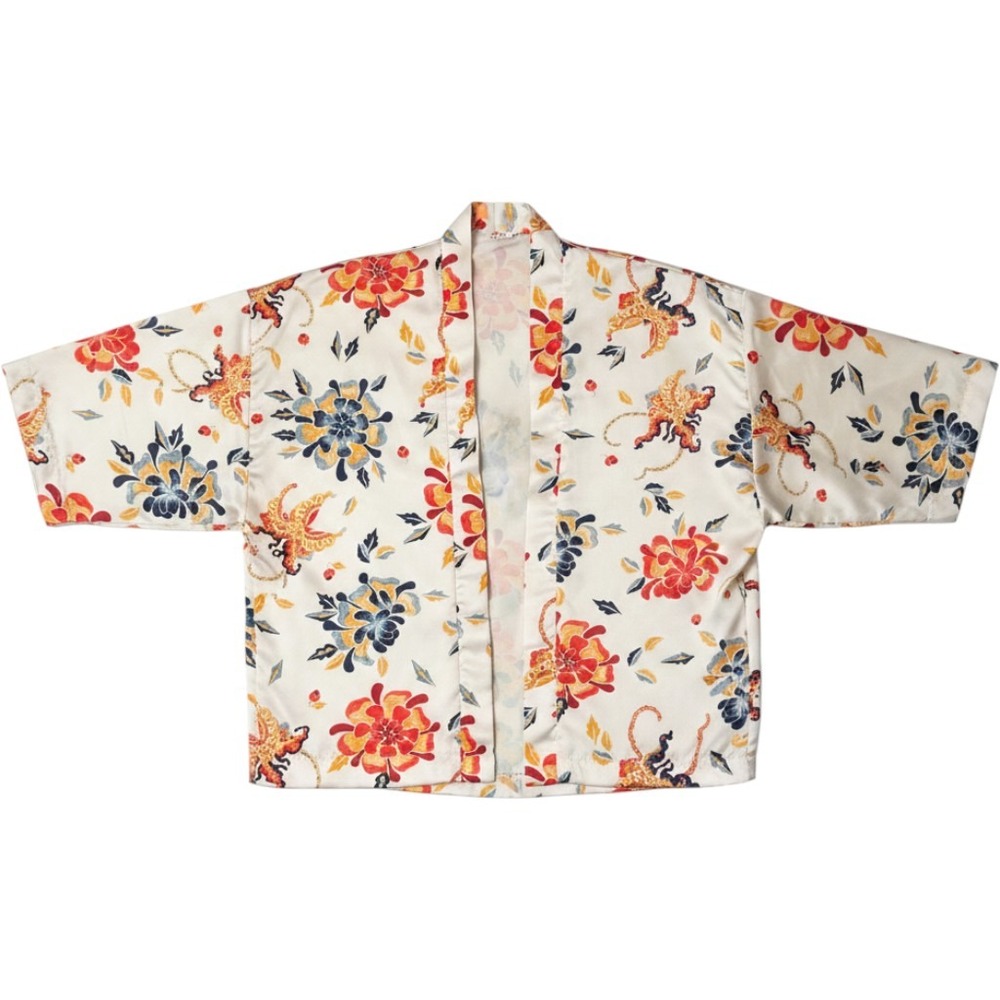 Kimono Cardigan OS White Floral Butterfly Satin Open Front Boho